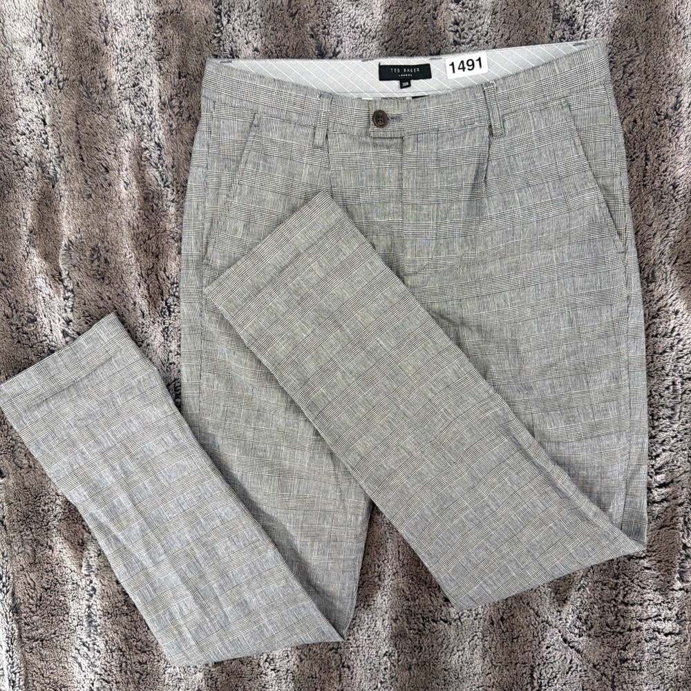 TED BAKER Black White Houndstooth Linen Cotton Blend Stretch Dress Pants 30x32